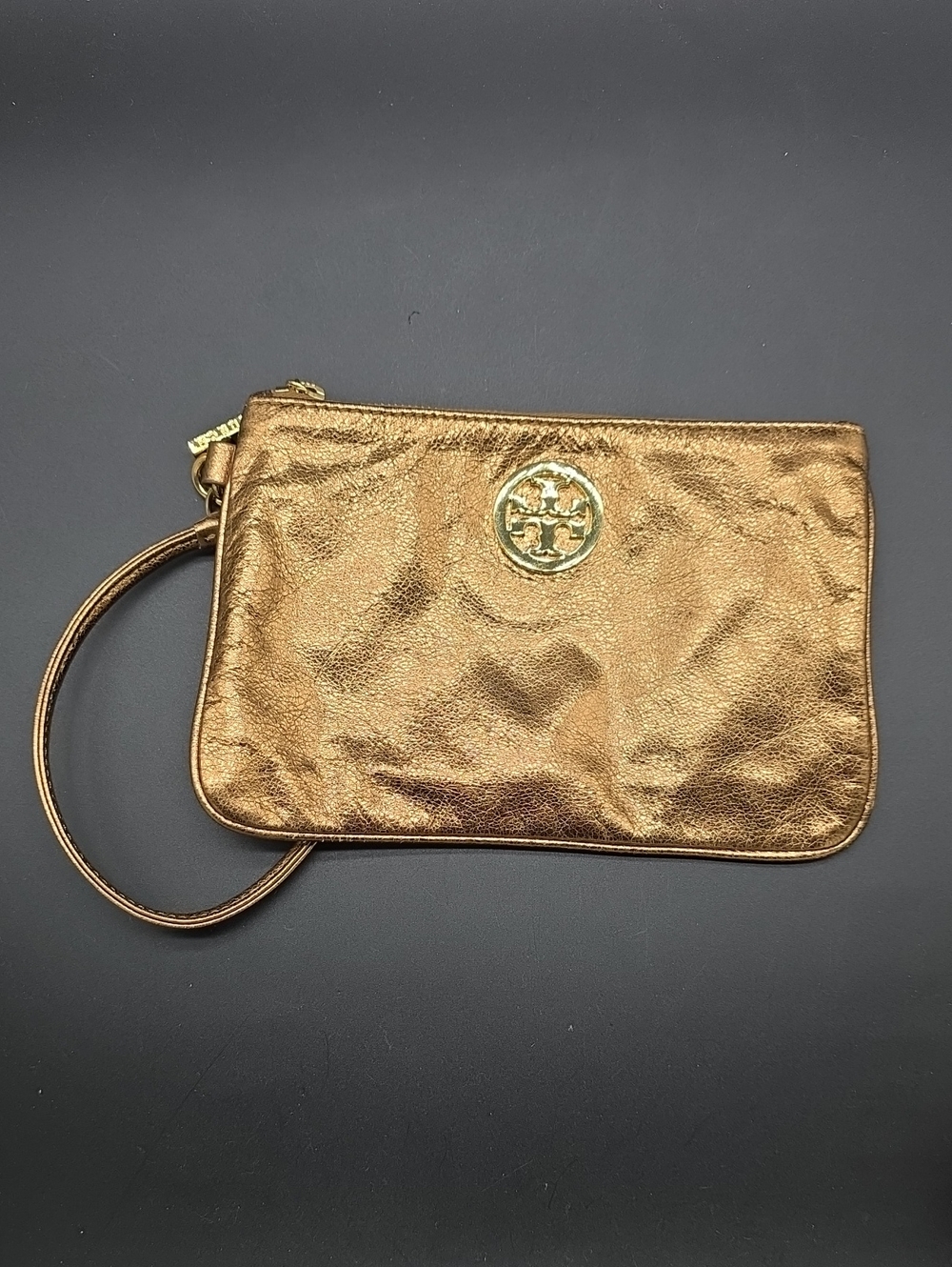 Tory Burch Metallic Bronze Wristlet with Logo Emblem